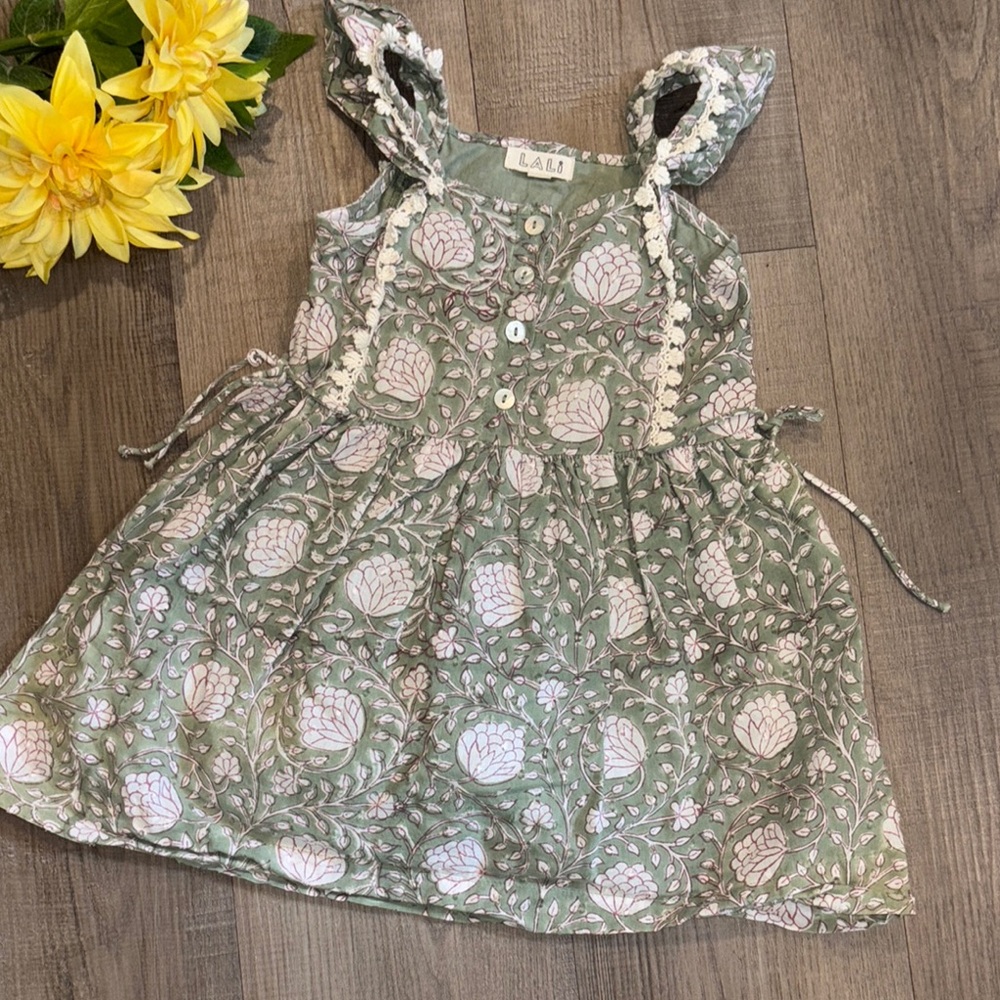 Lali Adorable Floral Kids Dress in Green 100% cotton prairie cottagecore